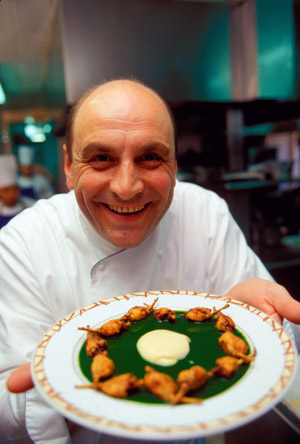 The late Chef Bernard Loiseau with his signature frog legs with purees of garlic and parsley in his hotel-restaurant Cote d'Or, Saulieu, Burgundy, 1999